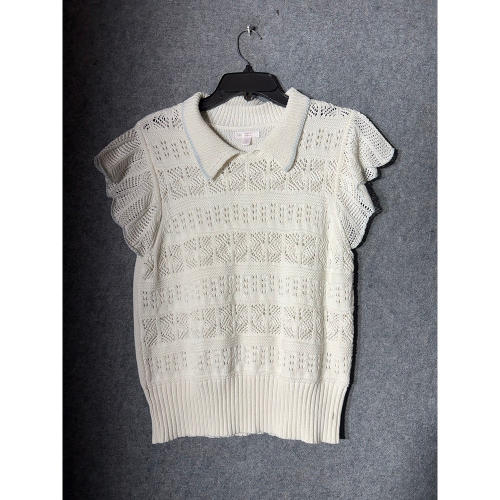 LC Lauren Conrad Ivory Pointelle Knit Polo Sweater Ruffle Cap Sleeve Women L - Picture 2 of 8